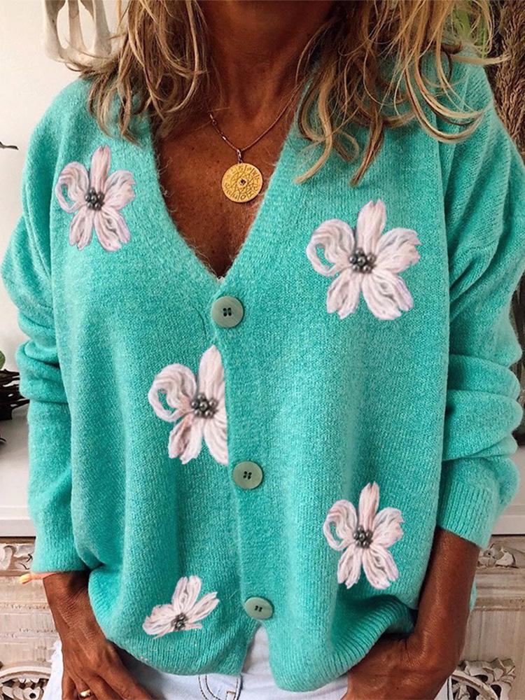 Women's Sweaters Embroidered V-Neck Long Sleeve Cardigan Sweater - LuckyFash™