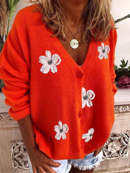 Sweaters Embroidered V-Neck Long Sleeve Cardigan Sweater for Women