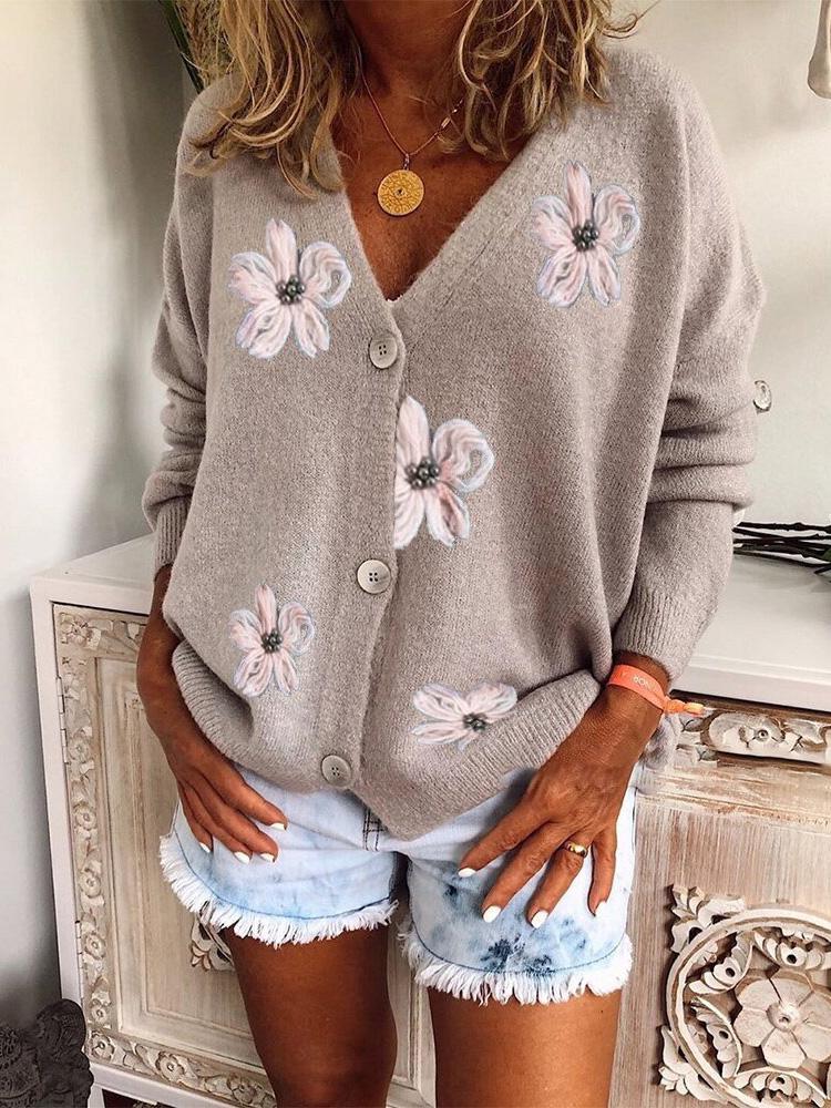 Sweaters Embroidered V-Neck Long Sleeve Cardigan Sweater for Women