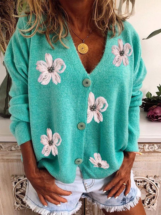 Sweaters Embroidered V-Neck Long Sleeve Cardigan Sweater for Women