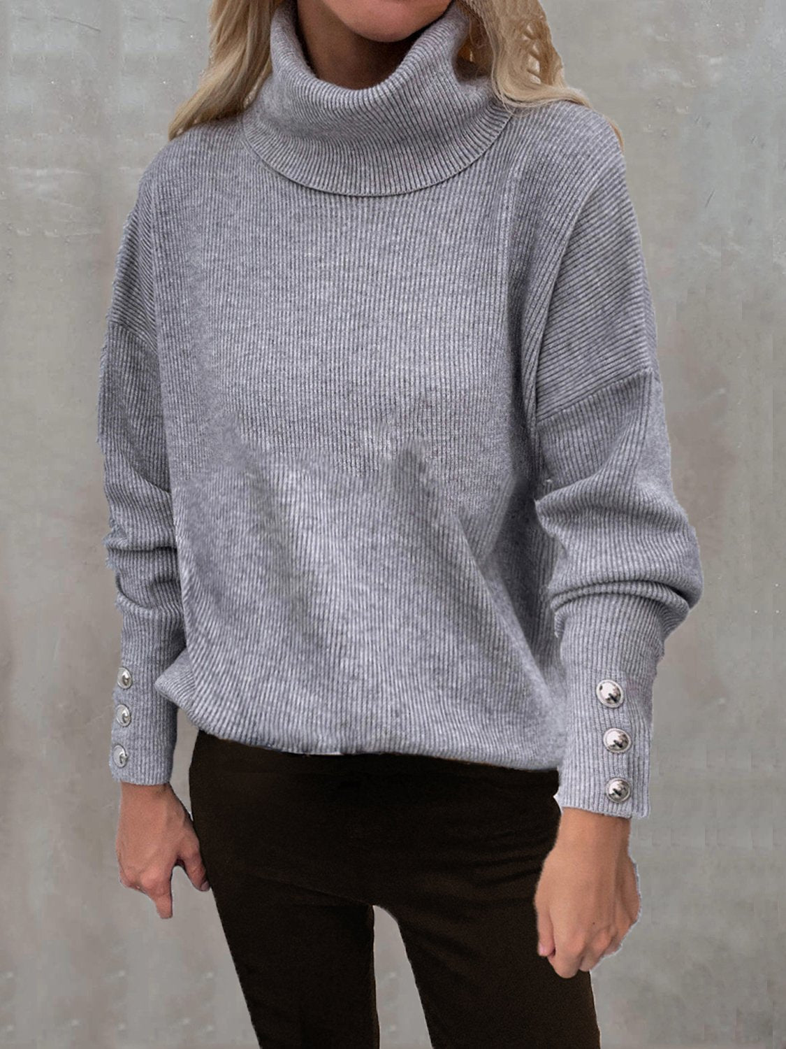 Women's Sweaters High Head Button Solid Long Sleeve Sweater - LuckyFash™