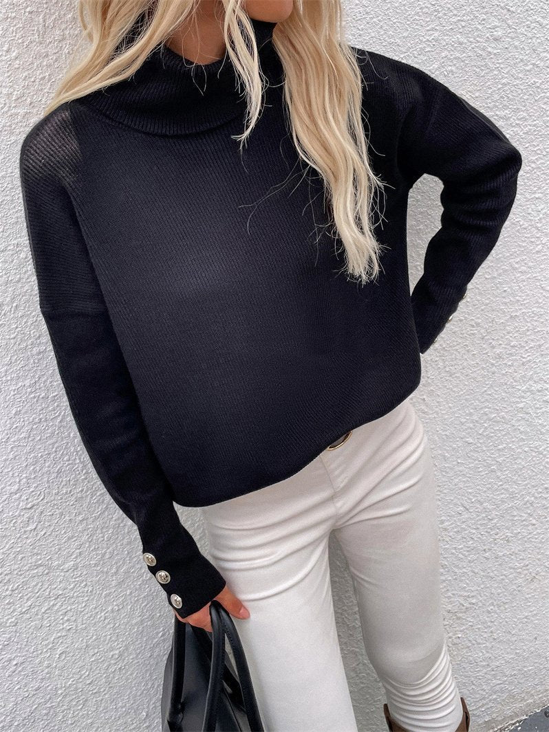 Women's Sweaters High Head Button Solid Long Sleeve Sweater - LuckyFash™