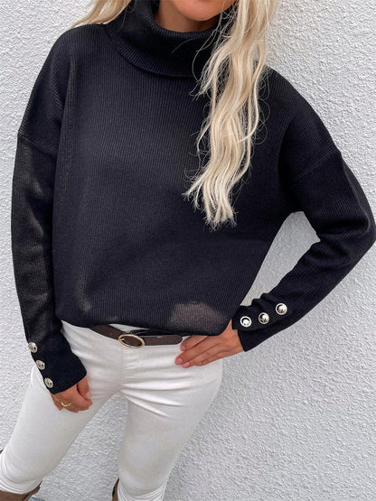 Women's Sweaters High Head Button Solid Long Sleeve Sweater - LuckyFash™