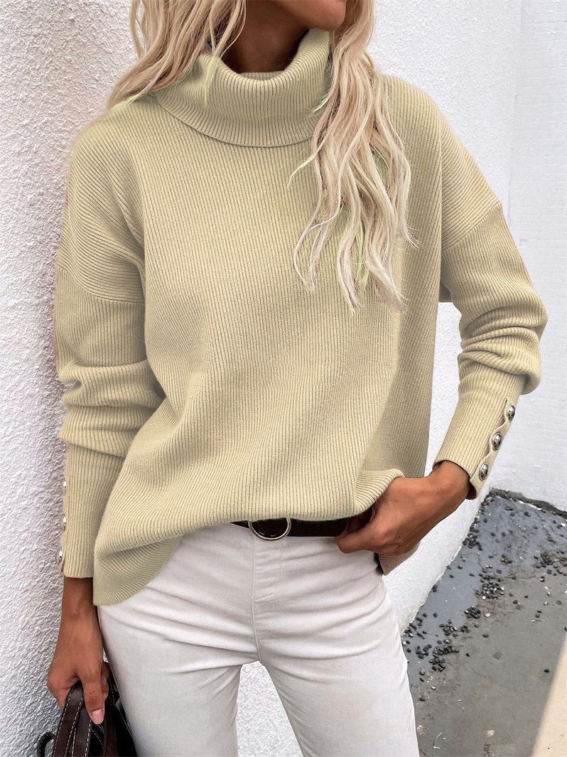 Women's Sweaters High Head Button Solid Long Sleeve Sweater - LuckyFash™