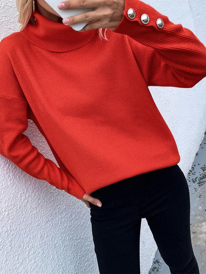 Women's Sweaters High Head Button Solid Long Sleeve Sweater - LuckyFash™