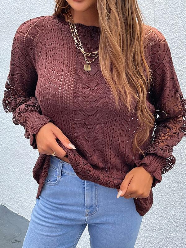 Sweaters Lace Hollow Round Neck Long Sleeve Sweater for Women