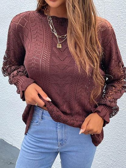 Sweaters Lace Hollow Round Neck Long Sleeve Sweater for Women