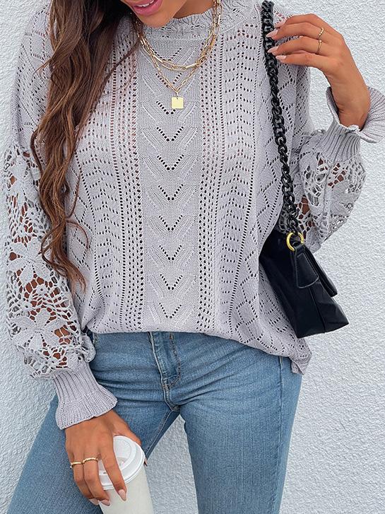 Women's Sweaters Lace Hollow Round Neck Long Sleeve Sweater - LuckyFash™