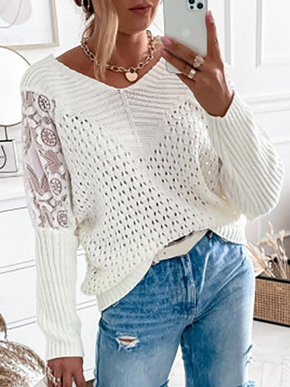 Women's Sweaters Lace Stitching Long Sleeve Hollow Knit Sweater - LuckyFash™