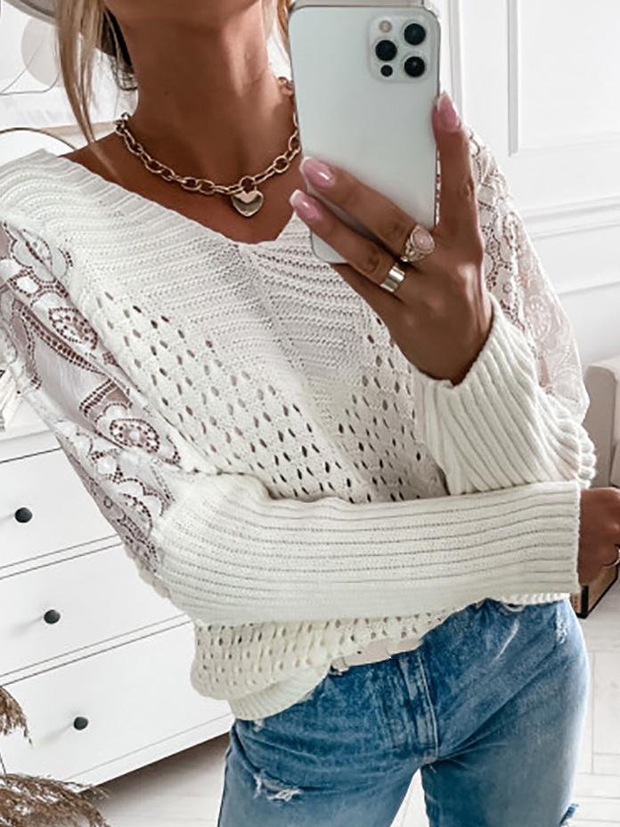 Sweaters Lace Stitching Long Sleeve Hollow Knit Sweater for Women