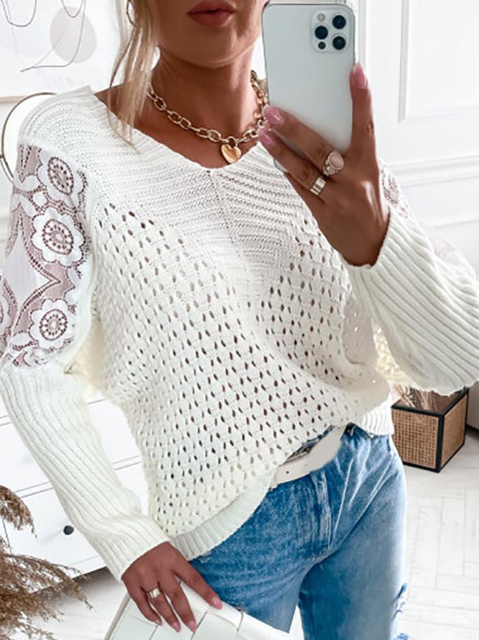 Women's Sweaters Lace Stitching Long Sleeve Hollow Knit Sweater - LuckyFash™