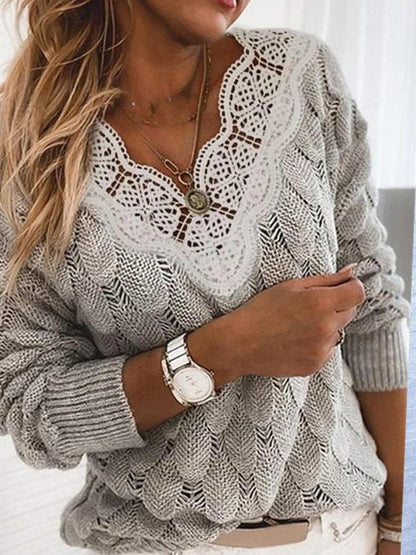 Women's Sweaters Lace V-Neck Hollow Long Sleeve Sweater - LuckyFash™