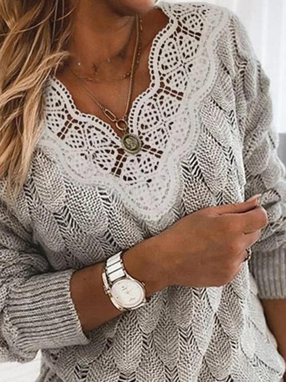 Women's Sweaters Lace V-Neck Hollow Long Sleeve Sweater - LuckyFash™