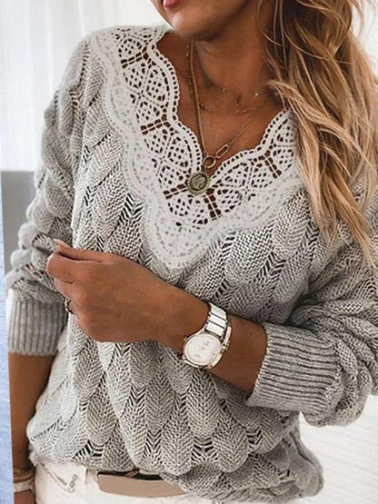 Sweaters Lace V-Neck Hollow Long Sleeve Sweater for Women