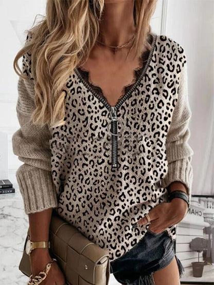 Women's Sweaters Lace Zip Leopard Print Long Sleeve Sweater - LuckyFash™