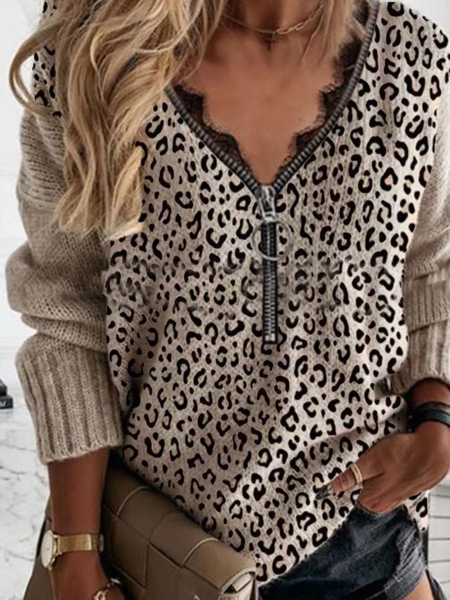 Women's Sweaters Lace Zip Leopard Print Long Sleeve Sweater - LuckyFash™