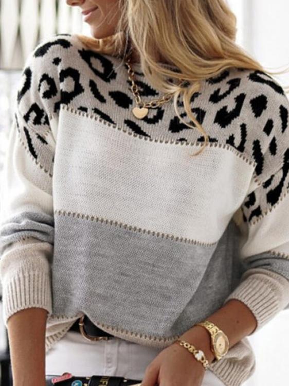 Women's Sweaters Leopard Print Color Block Round Neck Long Sleeve Sweater - LuckyFash™