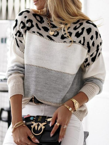 Women's Sweaters Leopard Print Color Block Round Neck Long Sleeve Sweater - LuckyFash™