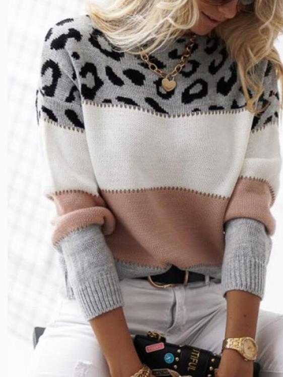 Women's Sweaters Leopard Print Color Block Round Neck Long Sleeve Sweater - LuckyFash™