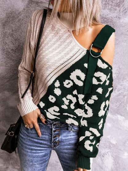 Sweaters Leopard Print Color Block Turtleneck Off-Shoulder Sweater for Women