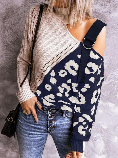 Sweaters Leopard Print Color Block Turtleneck Off-Shoulder Sweater for Women