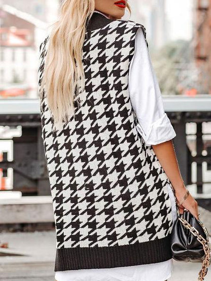 Women's Sweaters Loose Houndstooth V-Neck Knitted Vest Sweater - LuckyFash™