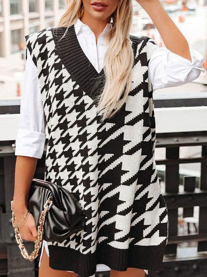 Women's Sweaters Loose Houndstooth V-Neck Knitted Vest Sweater - LuckyFash™