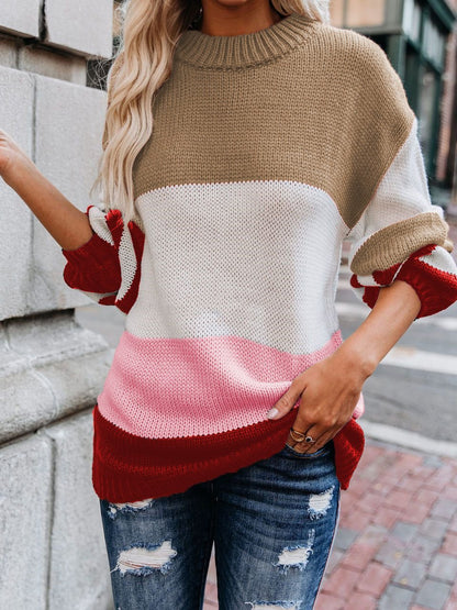 Sweaters Loose OL Round Neck Striped Long Sleeve Sweater for Women