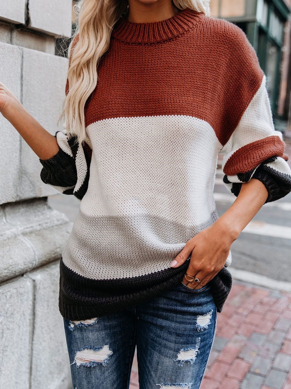 Sweaters Loose OL Round Neck Striped Long Sleeve Sweater for Women