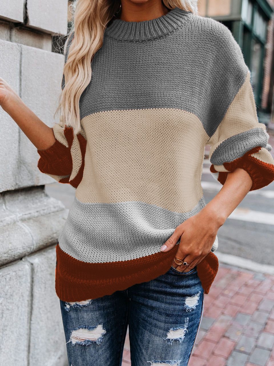 Sweaters Loose OL Round Neck Striped Long Sleeve Sweater for Women