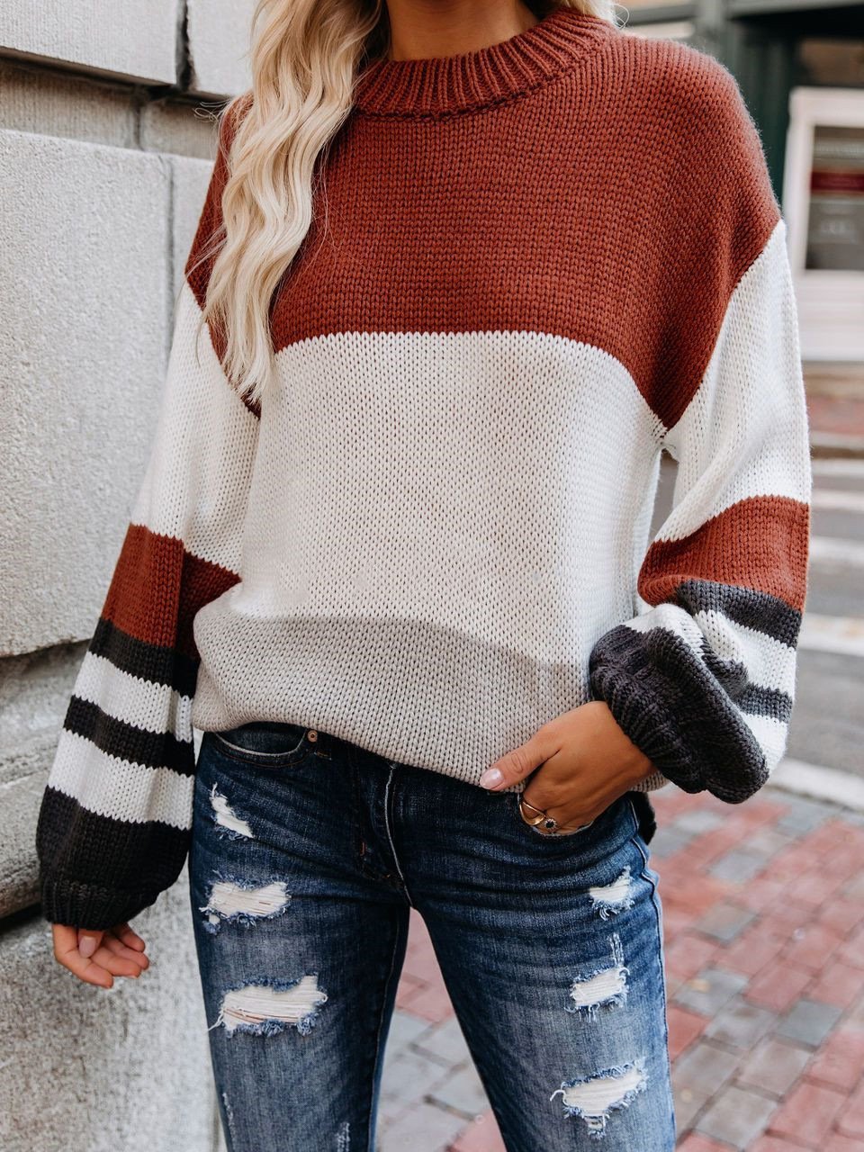 Women's Sweaters Loose OL Round Neck Striped Long Sleeve Sweater - LuckyFash™