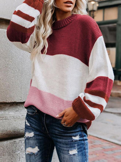 Women's Sweaters Loose OL Round Neck Striped Long Sleeve Sweater - LuckyFash™