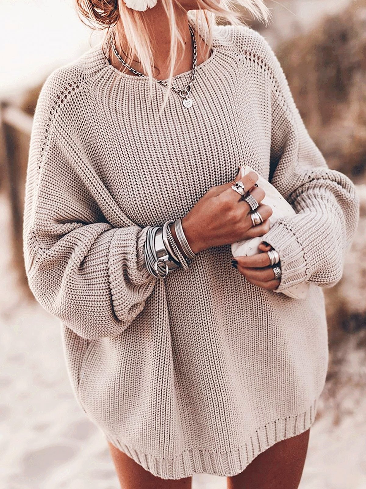 Sweaters Loose Round Neck Long Sleeve Sweater for Women