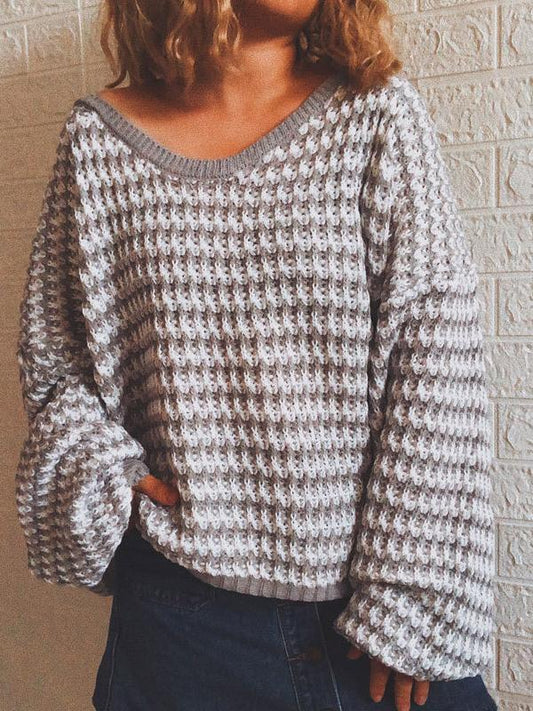 Sweaters Loose Striped V-Neck Long Sleeve Sweater for Women