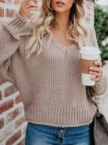 Women's Sweaters Loose V-Neck Long Sleeve Knitted Sweater - LuckyFash™