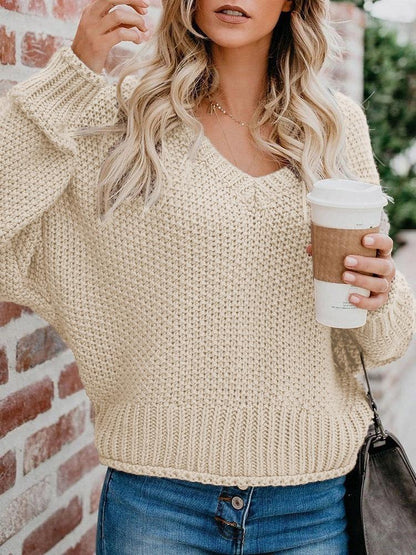 Women's Sweaters Loose V-Neck Long Sleeve Knitted Sweater - LuckyFash™