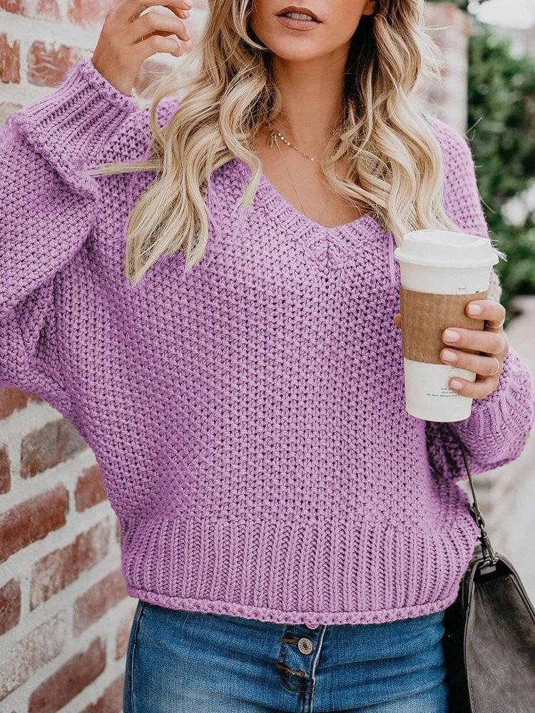 Women's Sweaters Loose V-Neck Long Sleeve Knitted Sweater - LuckyFash™