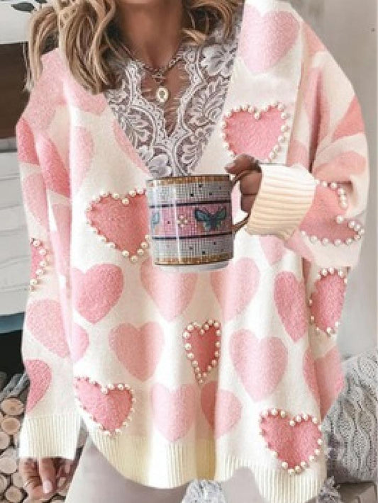 Sweaters Love Beaded Lace V-Neck Long Sleeve Sweater for Women