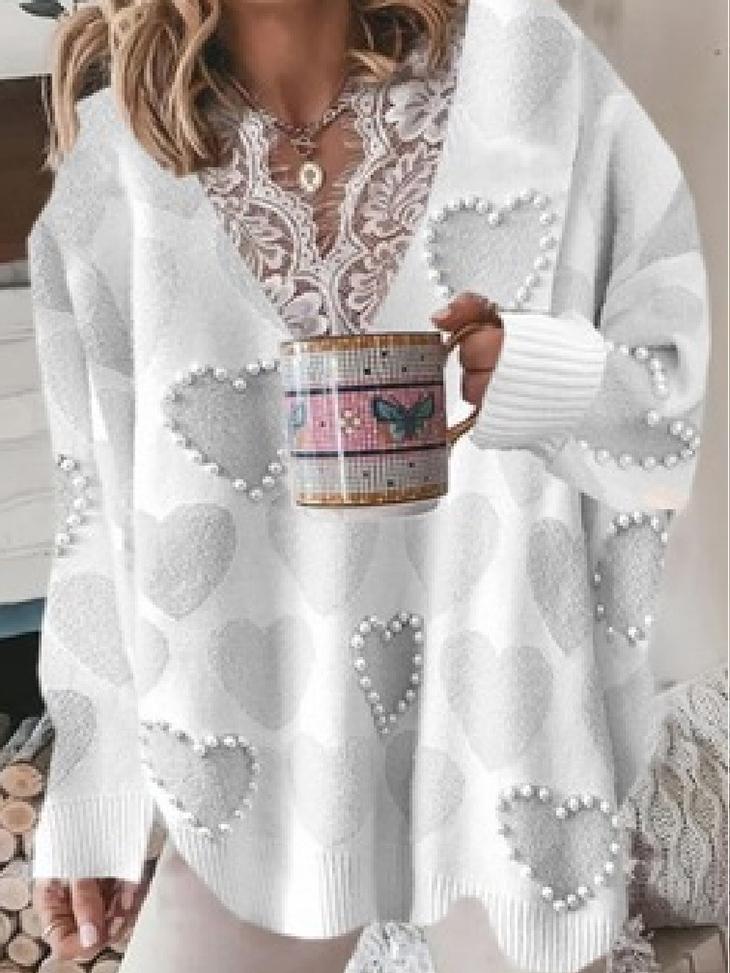 Women's Sweaters Love Beaded Lace V-Neck Long Sleeve Sweater - LuckyFash™