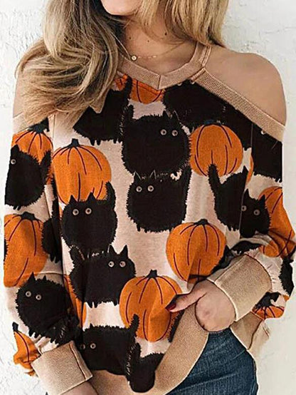 Women's Sweaters Off-The-Shoulder Cat Pumpkin Round Neck Slim Knit Sweater - LuckyFash™