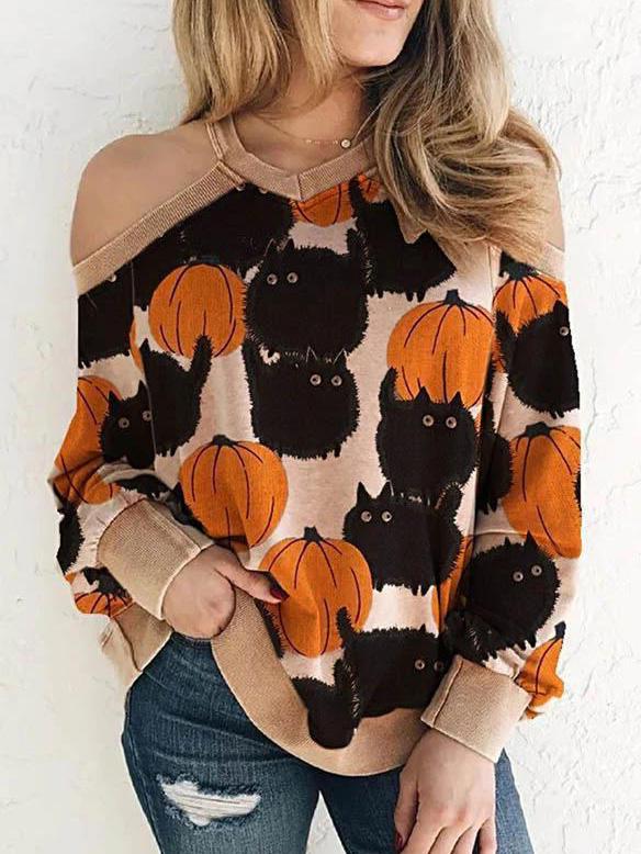 Women's Sweaters Off-The-Shoulder Cat Pumpkin Round Neck Slim Knit Sweater - LuckyFash™