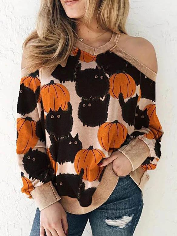 Women's Sweaters Off-The-Shoulder Cat Pumpkin Round Neck Slim Knit Sweater - LuckyFash™