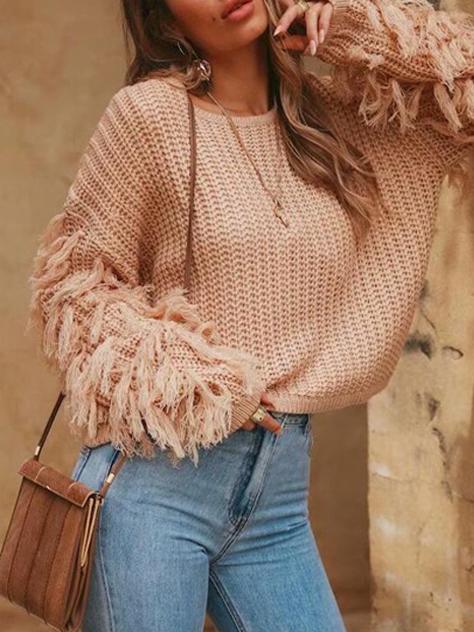 Women's Sweaters Round Neck Fringed Long Sleeve Sweater - LuckyFash™