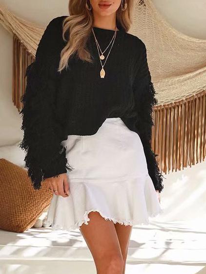 Sweaters Round Neck Fringed Long Sleeve Sweater for Women