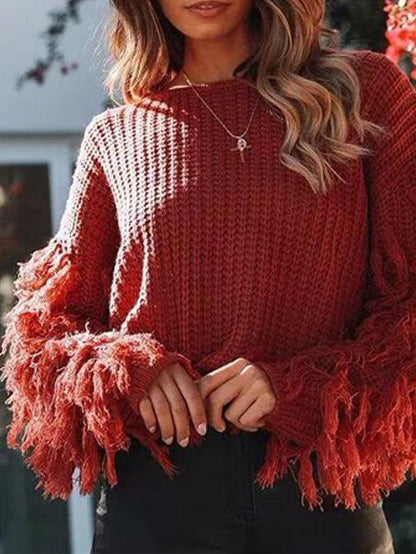 Women's Sweaters Round Neck Fringed Long Sleeve Sweater - LuckyFash™