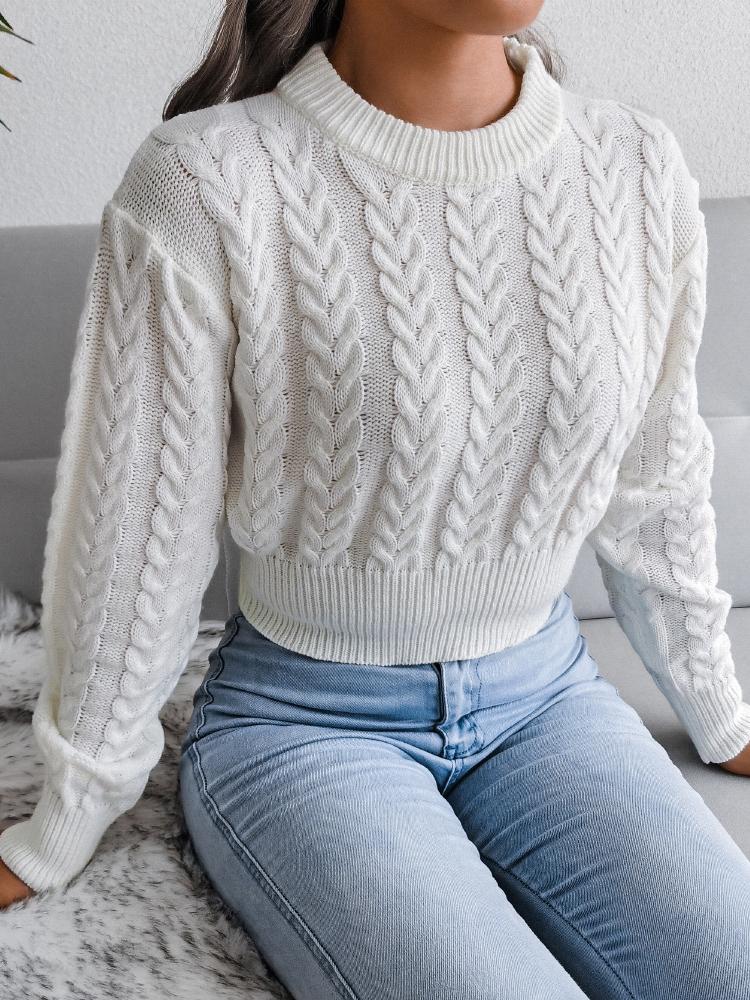 Sweaters Round Neck Twist Long Sleeve Crop Sweater for Women