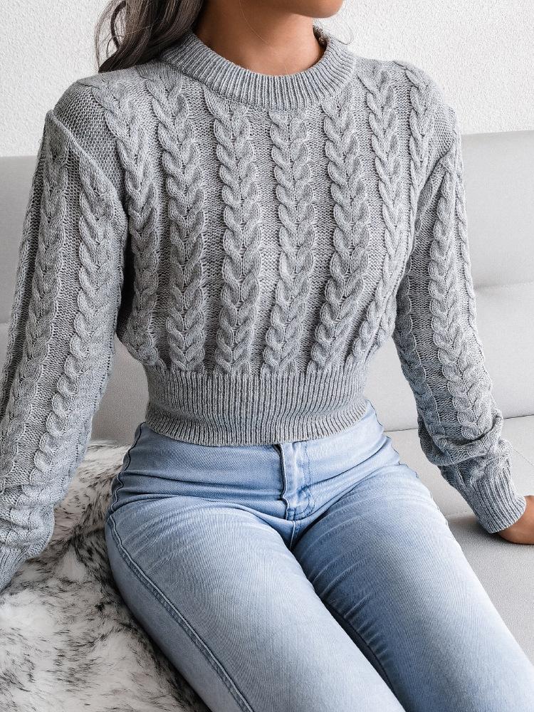 Sweaters Round Neck Twist Long Sleeve Crop Sweater for Women