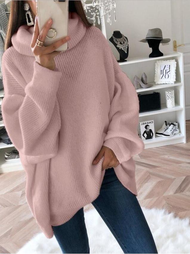 Women's Sweaters Solid High Collar Long Sleeve Knitted Sweater - LuckyFash™