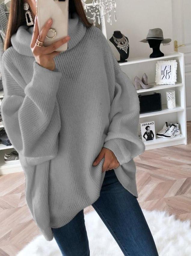 Sweaters Solid High Collar Long Sleeve Knitted Sweater for Women