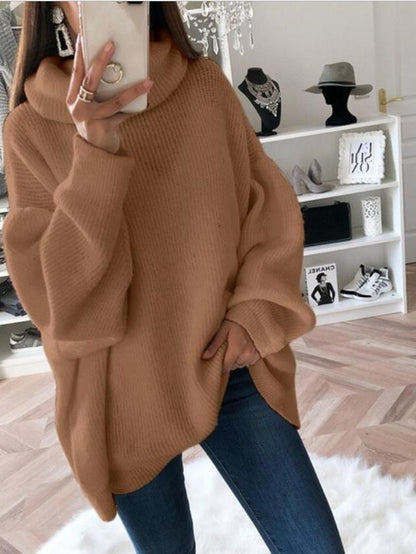 Sweaters Solid High Collar Long Sleeve Knitted Sweater for Women